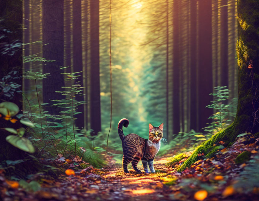 Tabby cat on forest path with sunlight and shadows