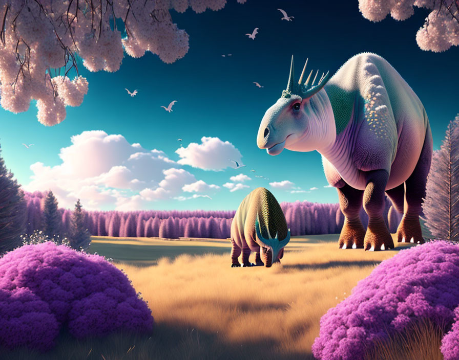 Colorful Fantastical Landscape with Purple Flora and Stylized Dinosaur-like Creatures