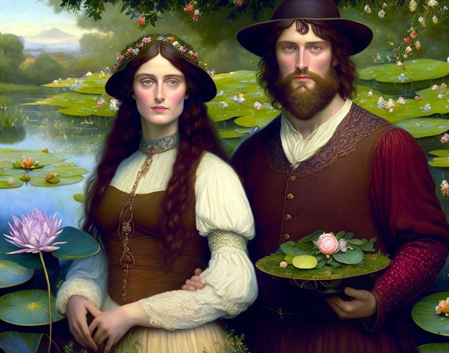 Victorian-era couple by pond with water lilies, woman in floral wreath, man holding hat