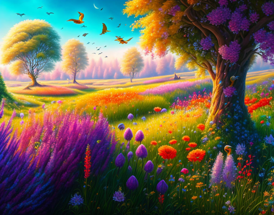 Colorful Landscape with Blooming Flowers, Lush Trees, Birds, and Sunset Glow