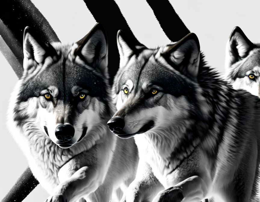 Grayscale wolf illustrations with yellow eyes on striped background