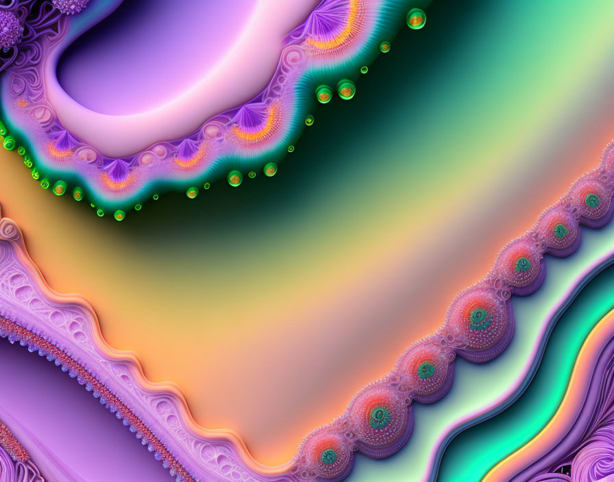 Colorful fractal image with purple, green, and yellow swirling patterns and intricate shell-like designs.