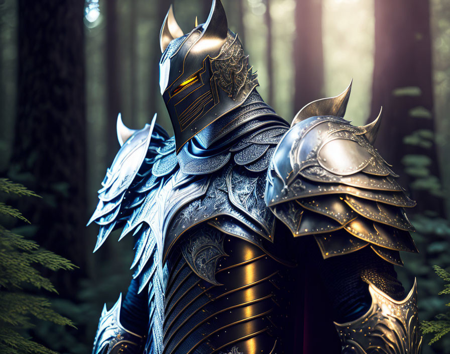 Ornate black-armored knight in misty forest with sunlight.