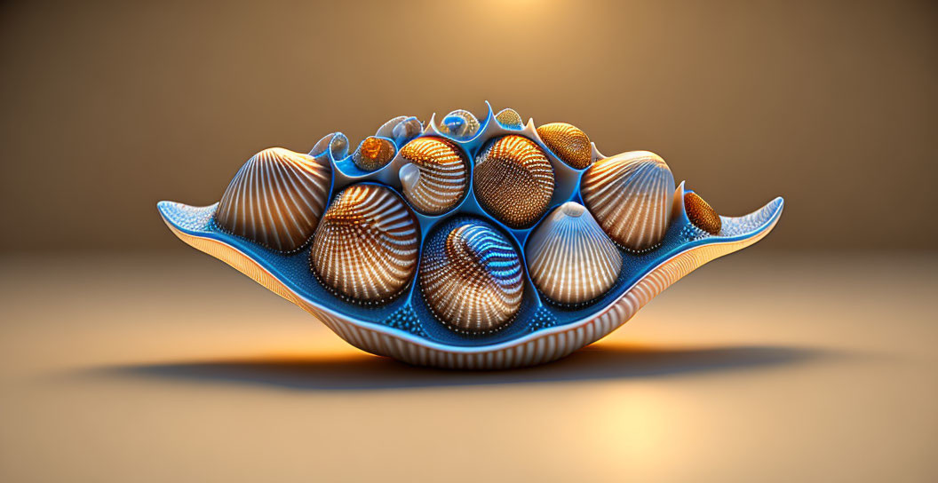 Stylized clam shell with textured spheres on warm gradient background