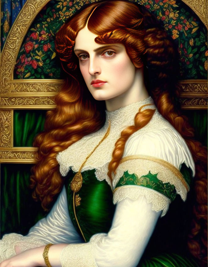 Portrait of woman with long red hair, white blouse, green corset against floral Gothic background