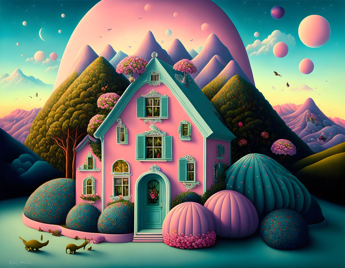 Whimsical pink house surrounded by blooming plants, stylized trees, and multiple moons