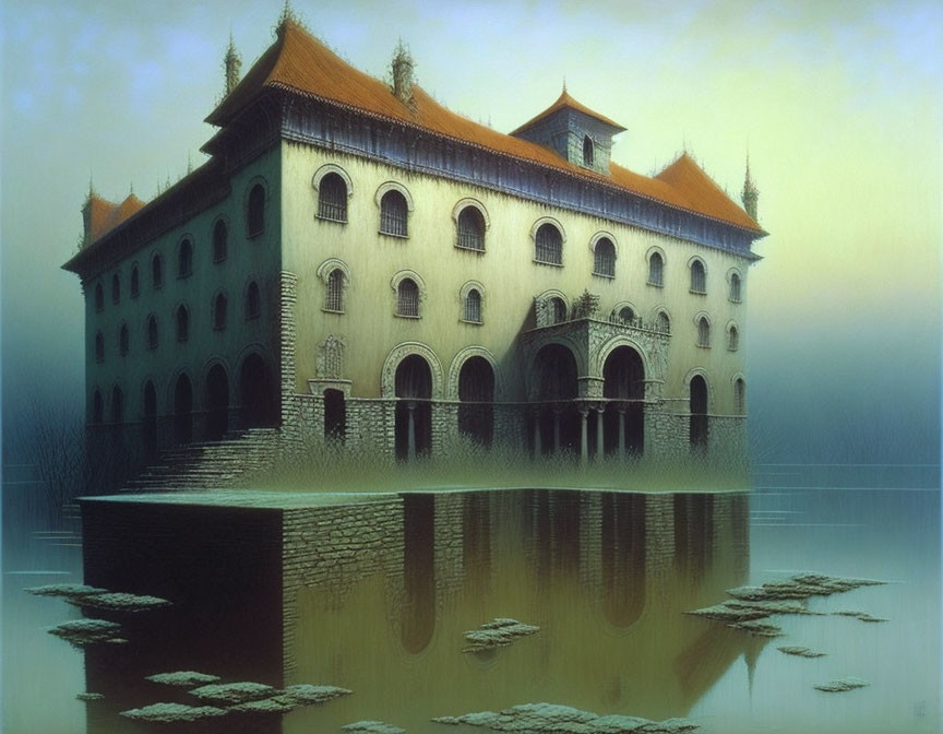 European-style chateau floating on water with misty surroundings