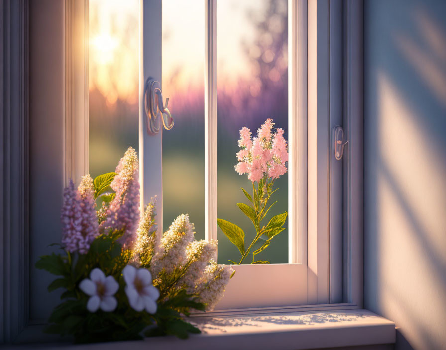 Sunset view through window with flowers in warm light