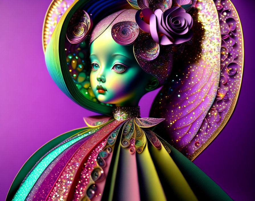 Colorful digital portrait of female figure with green skin and intricate attire.