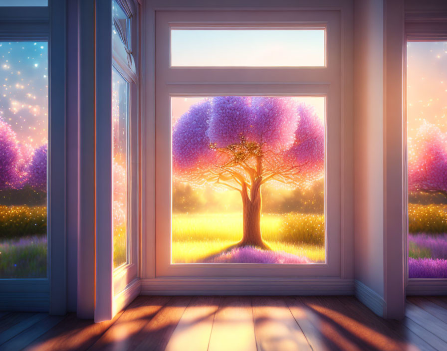 Colorful sunrise view of a luminous tree and star-like flowers.