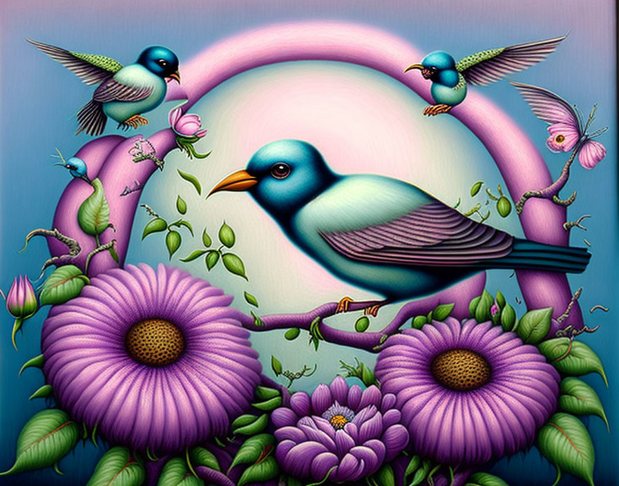 Colorful Birds and Purple Flowers in Surreal Illustration