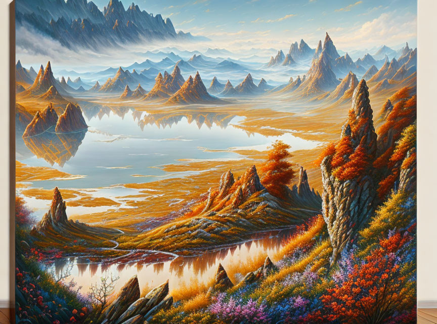 Colorful Landscape Painting with Lake, Mountains, Autumn Foliage, and Clear Skies