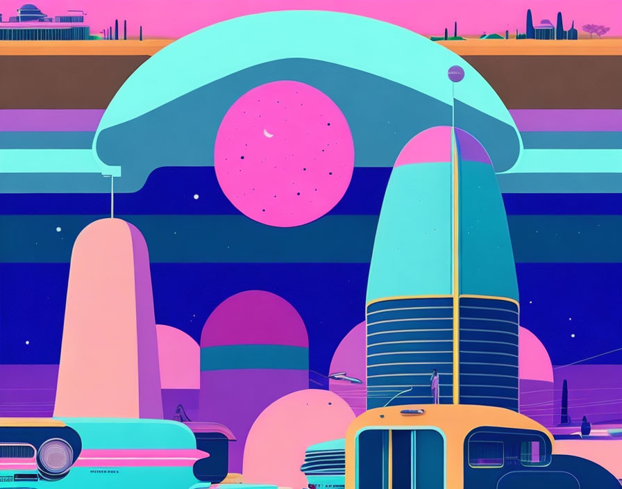 Vibrant retro-futuristic cityscape with vintage car and bus under pink moon