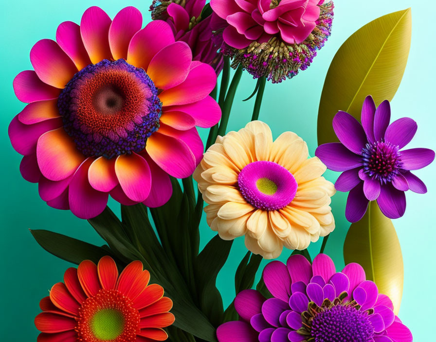 Assorted Pink and Yellow Flowers on Turquoise Background