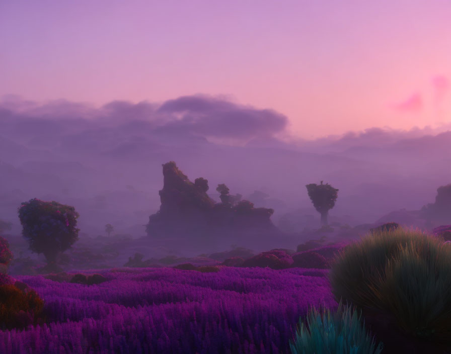 Twilight landscape with purple flora, rock formations, and foggy sky