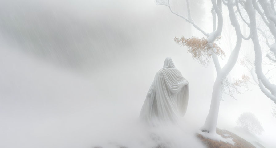 Mysterious shrouded figure in snowy, foggy landscape