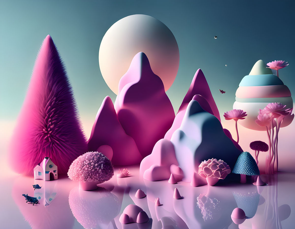 Colorful landscape with purple mountains, pastel sky, moon, floating islands, and small house.