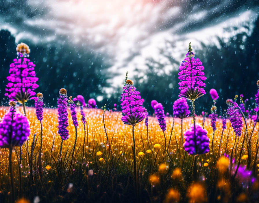 Colorful Field of Purple and Yellow Flowers under Dramatic Sky