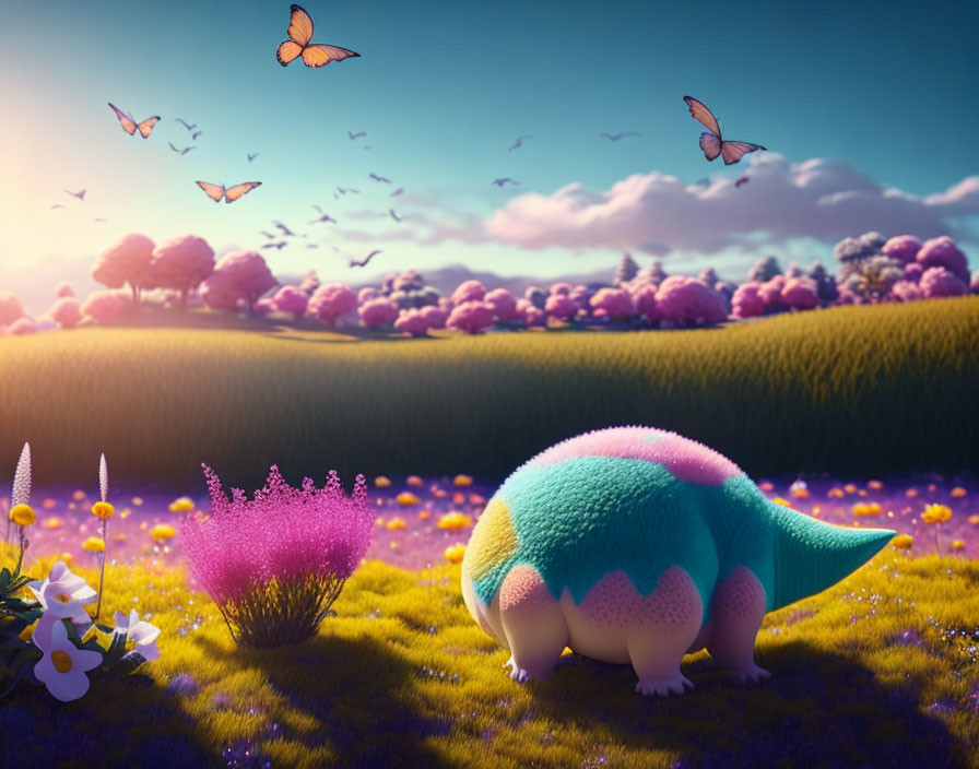 Colorful patchwork dinosaur in vibrant landscape with butterflies and flowers