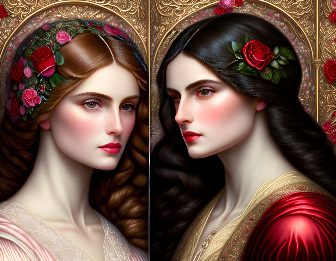 Illustrated portraits of women in floral headpieces with ornate golden backgrounds.