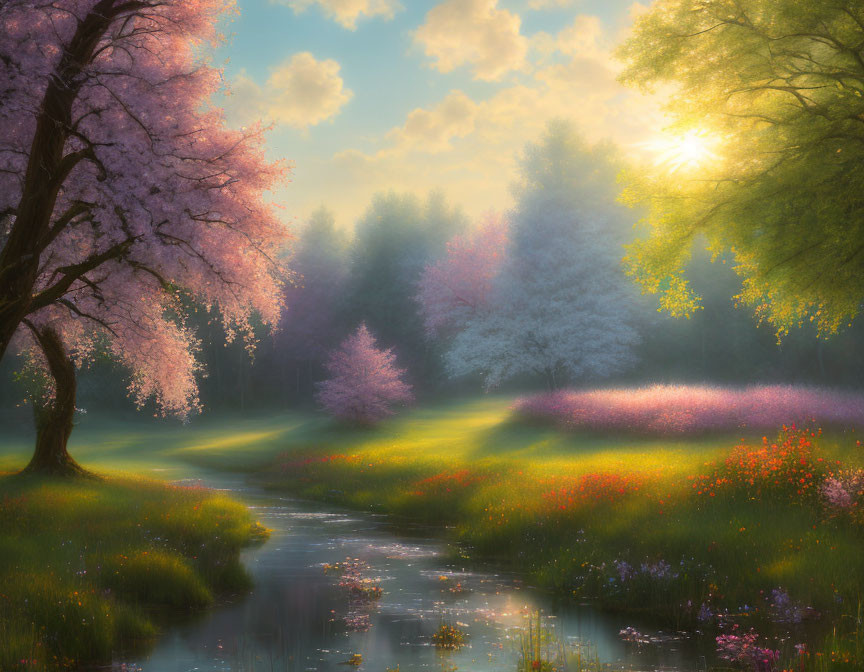 Tranquil Cherry Blossom Landscape with Stream and Wildflowers