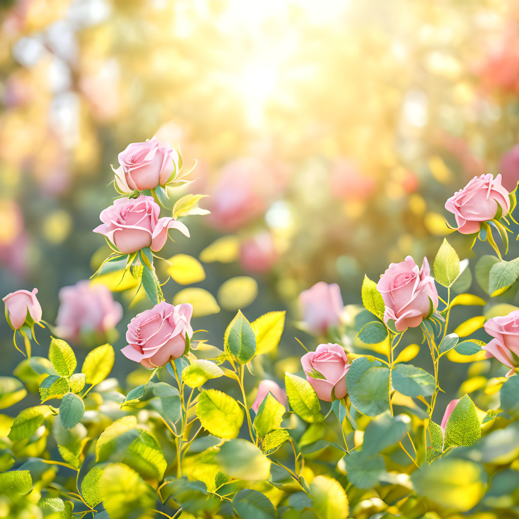 Garden of blooming pink roses in soft sunlight