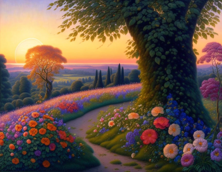 Colorful landscape with lush tree, flowers, winding path under sunset sky