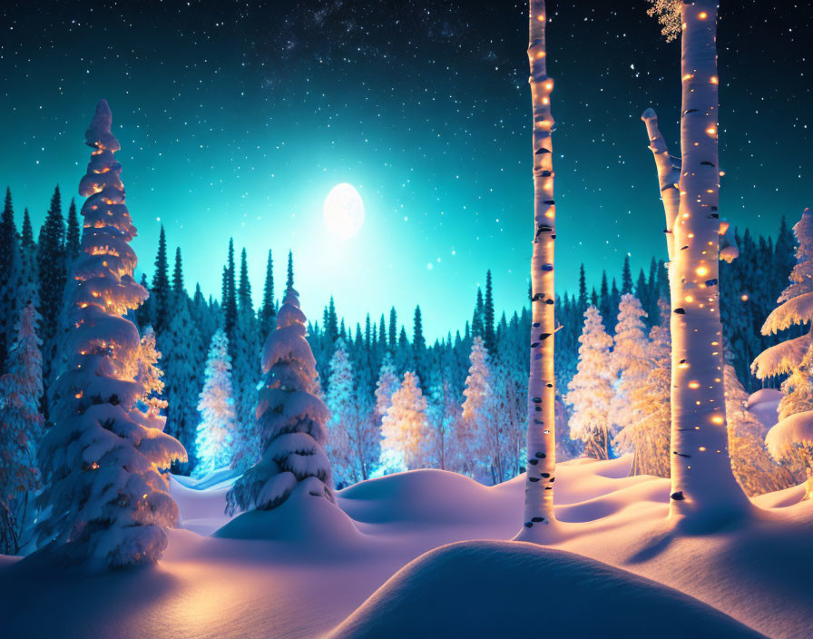 Snow-covered trees under full moon in serene winter night landscape