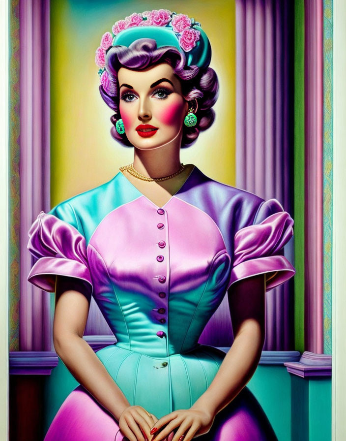 Colorful Illustration of Woman with Vintage Hairstyle and Rose Adornments