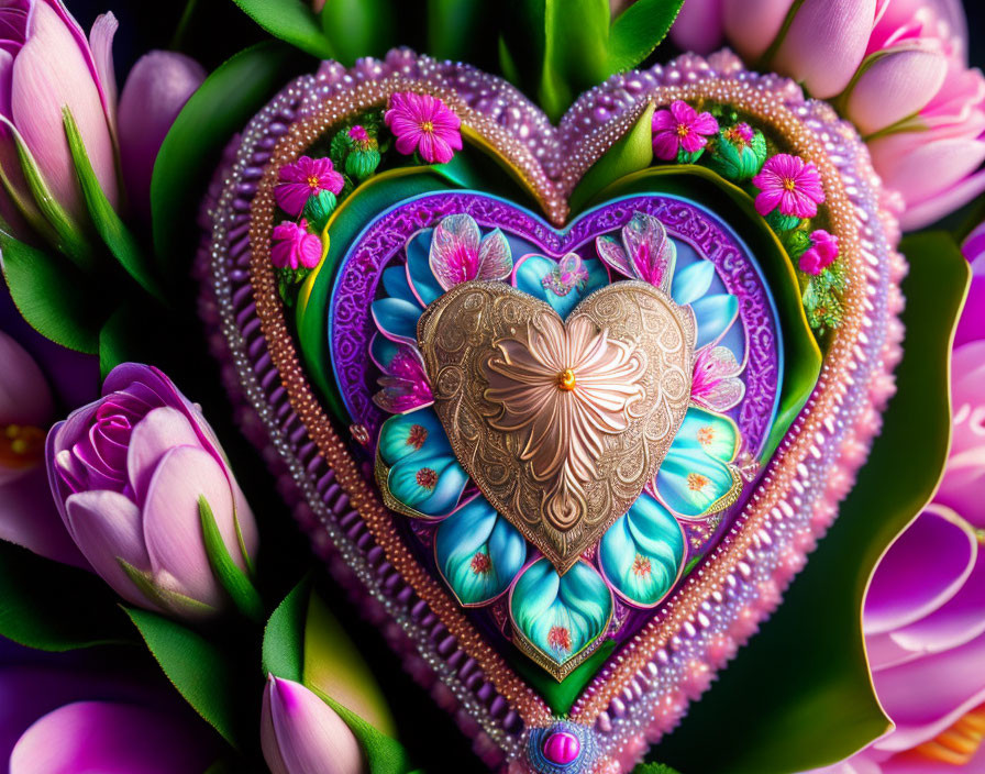 Ornate Heart with Purple Tulips and Floral Patterns