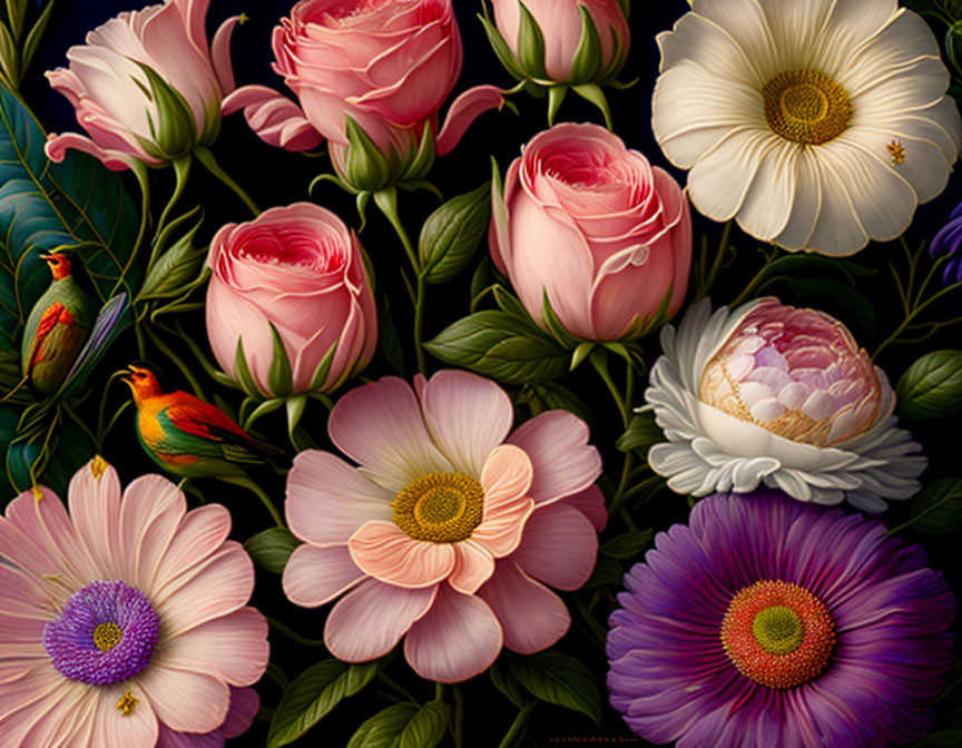 Colorful Still Life Featuring Roses, Cosmos, Greenery, and Bird