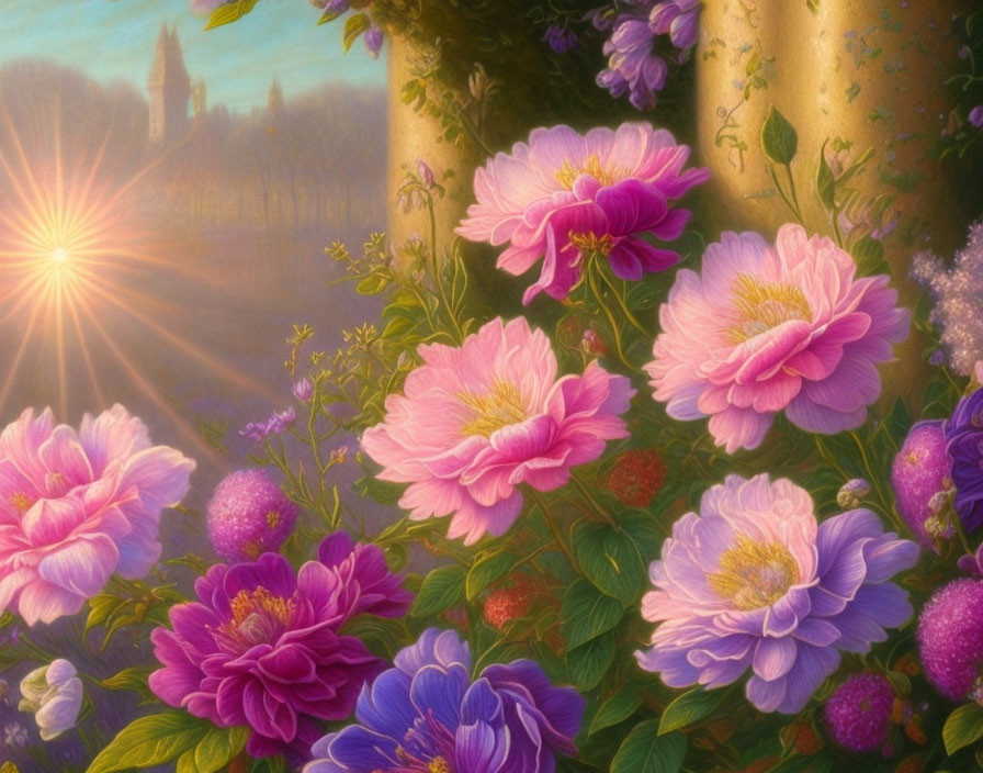 Colorful painting of blooming pink and purple flowers in a sunlit garden path.