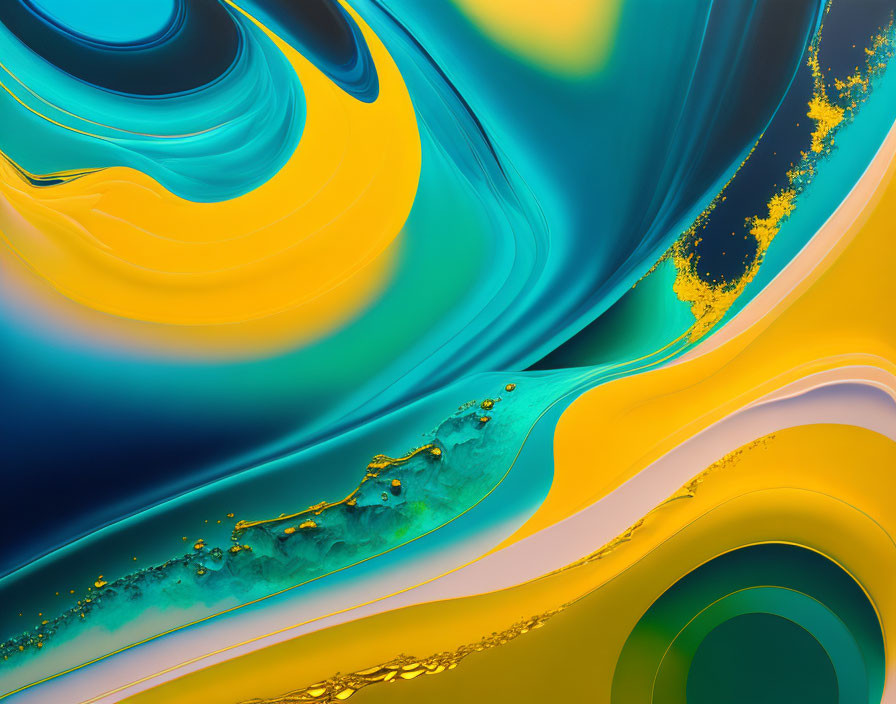 Swirling blue, green, and yellow fluid art with gold accents