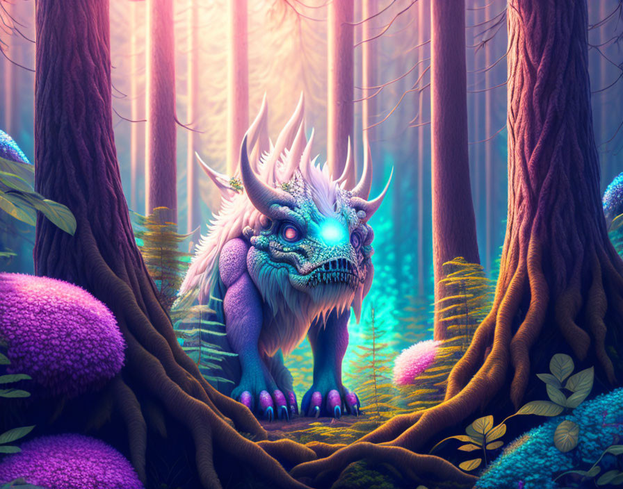 Mythical dragon in enchanted forest with vibrant trees and glowing orbs