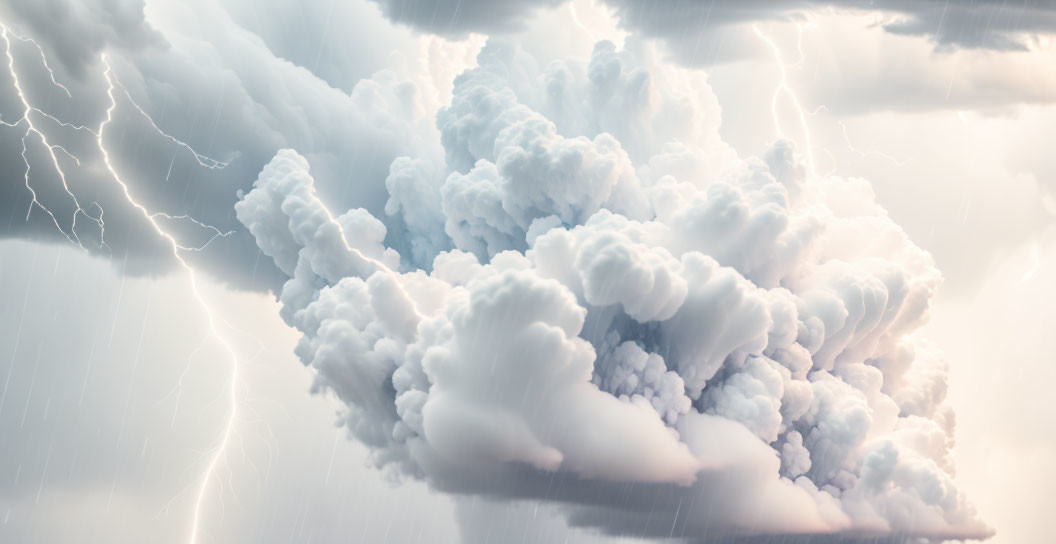 Dramatic cloudscape with intense lightning bolts in soft, glowing sky