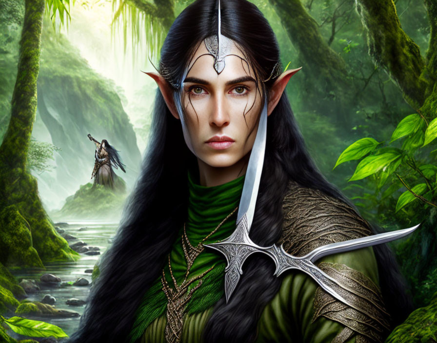 Digital artwork: Elf with silver sword in lush green forest