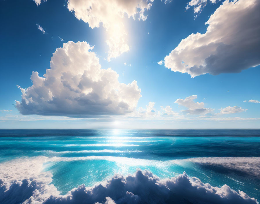 Bright blue ocean under sunny sky with fluffy clouds, reflecting sunlight and cresting waves