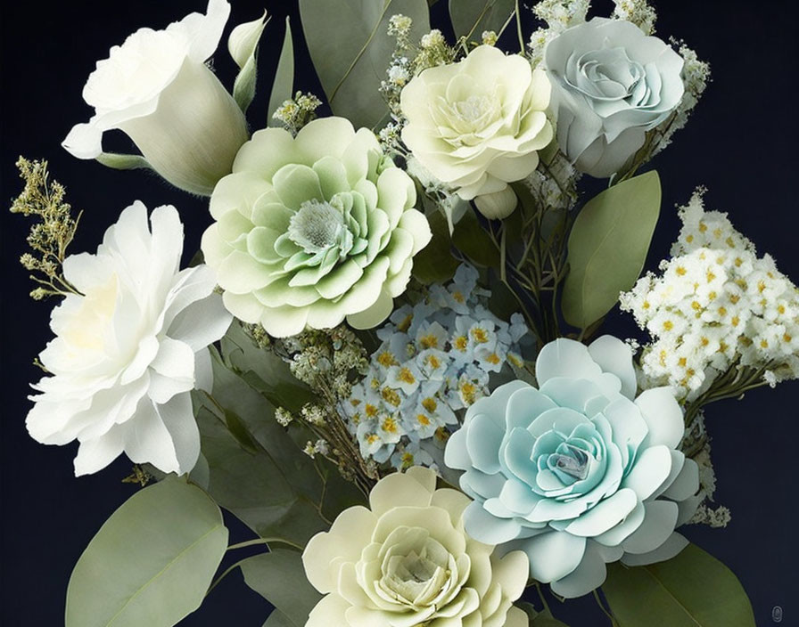 Pastel Artificial Flower Arrangement with White and Mint Green Roses on Dark Background