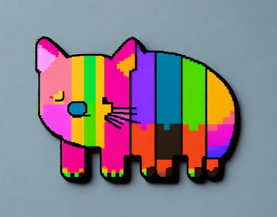 Multicolored pixelated cat illustration on grey background