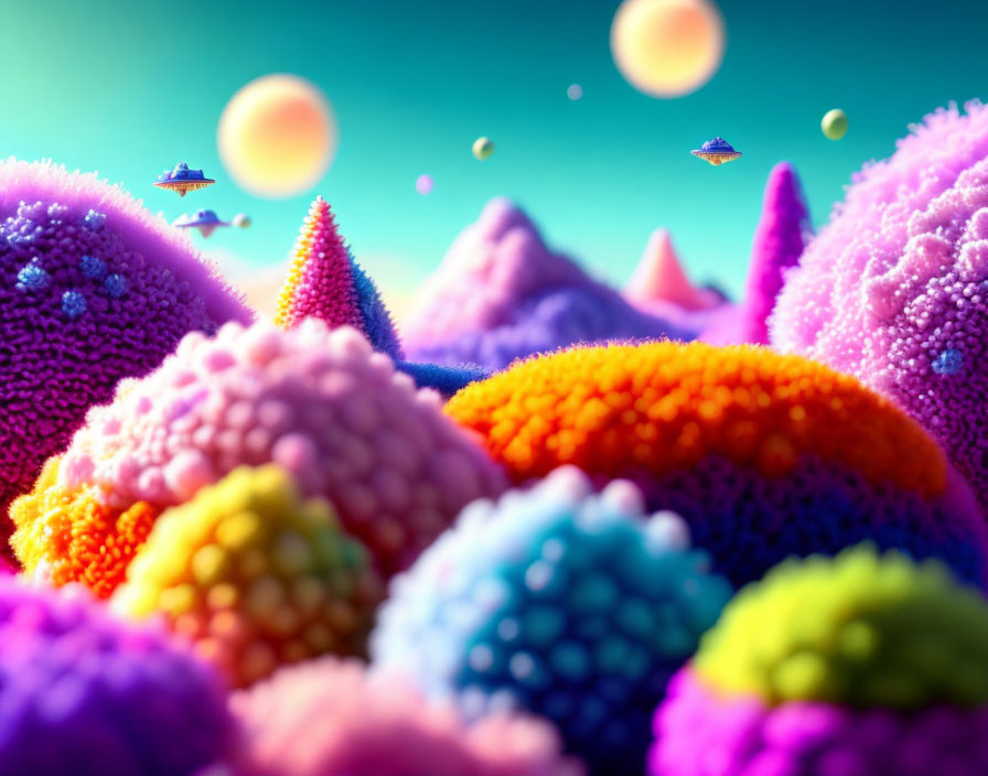 Colorful alien landscape with fluffy hills and spiky formations under a celestial sky.