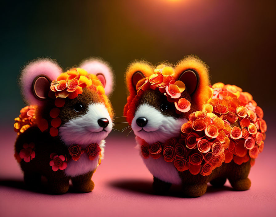 Plush Toy Guinea Pigs with Orange and Red Flowers on Pink and Blue Background