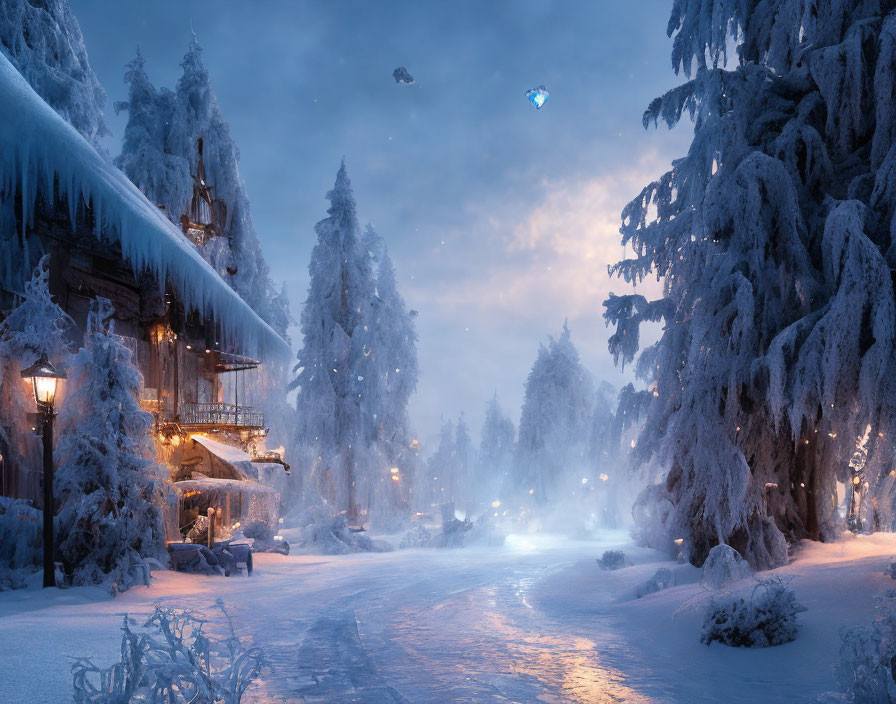 Snow-covered trees, cozy cabin, gentle snowfall - Tranquil Winter Dusk Scene