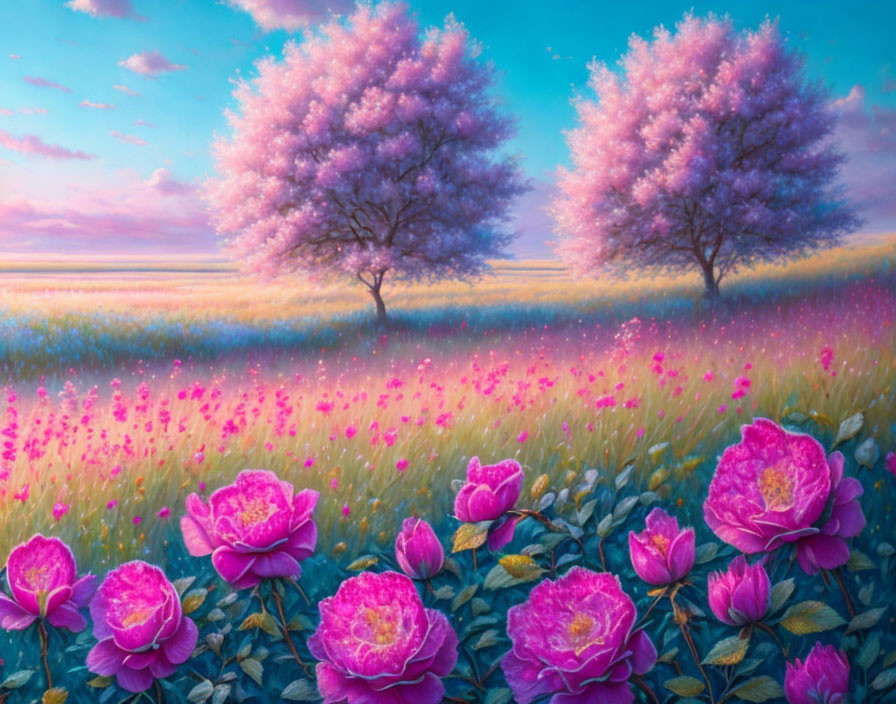 Pink Cherry Blossoms, Flowers, and Roses in Landscape