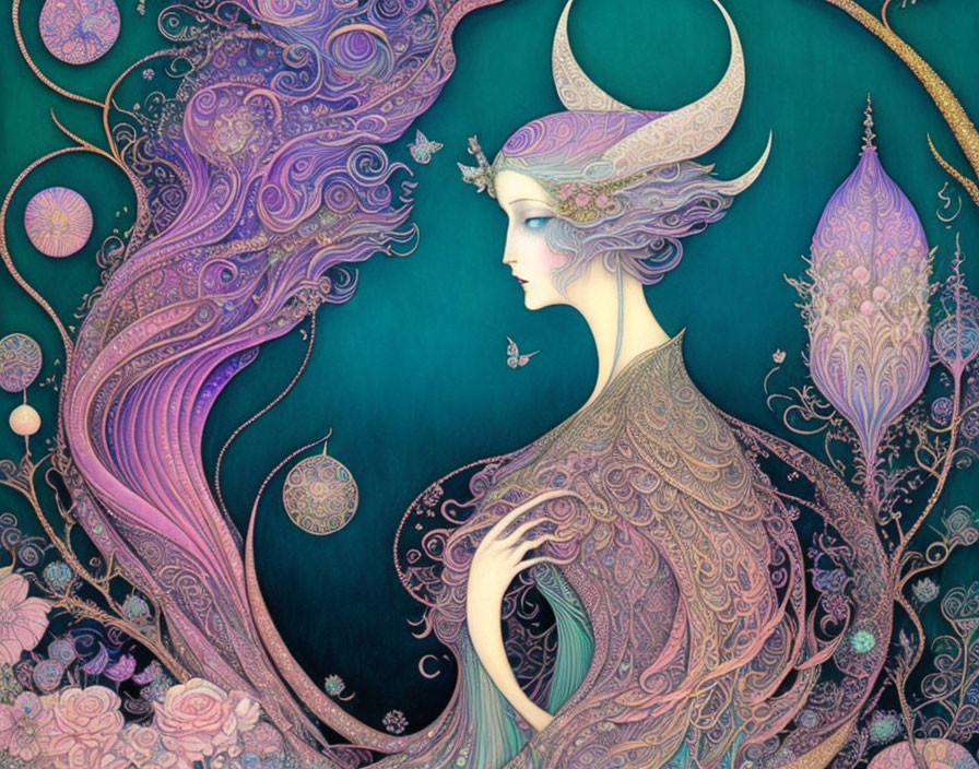 Detailed illustration of stylized woman with flowing hair and crescent moon headpiece surrounded by swirling motifs and