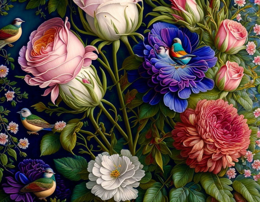 Colorful Floral Tapestry with Roses, Peonies, Foliage, and Birds