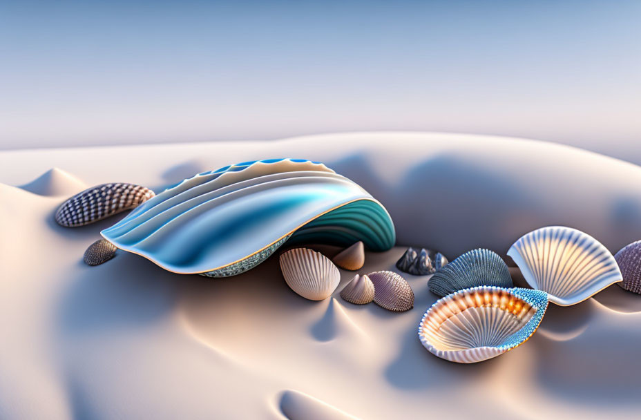 Surreal landscape featuring smooth dunes and hyper-realistic shells with vibrant patterns