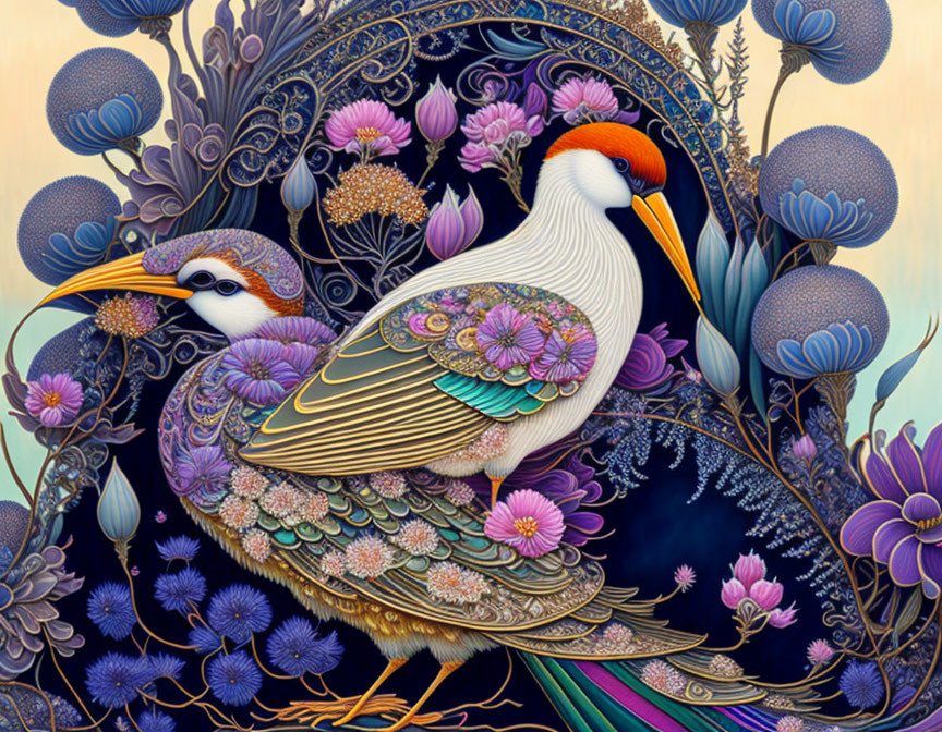 Stylized birds in intricate floral patterns on vibrant and pastel background