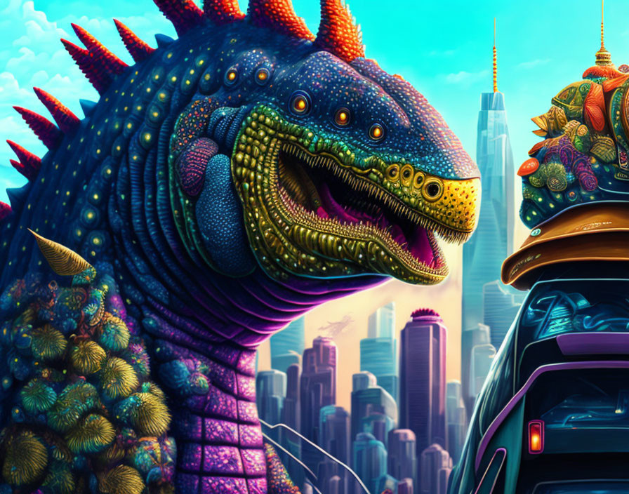 Colorful dragon-like creature in futuristic cityscape with skyscrapers.