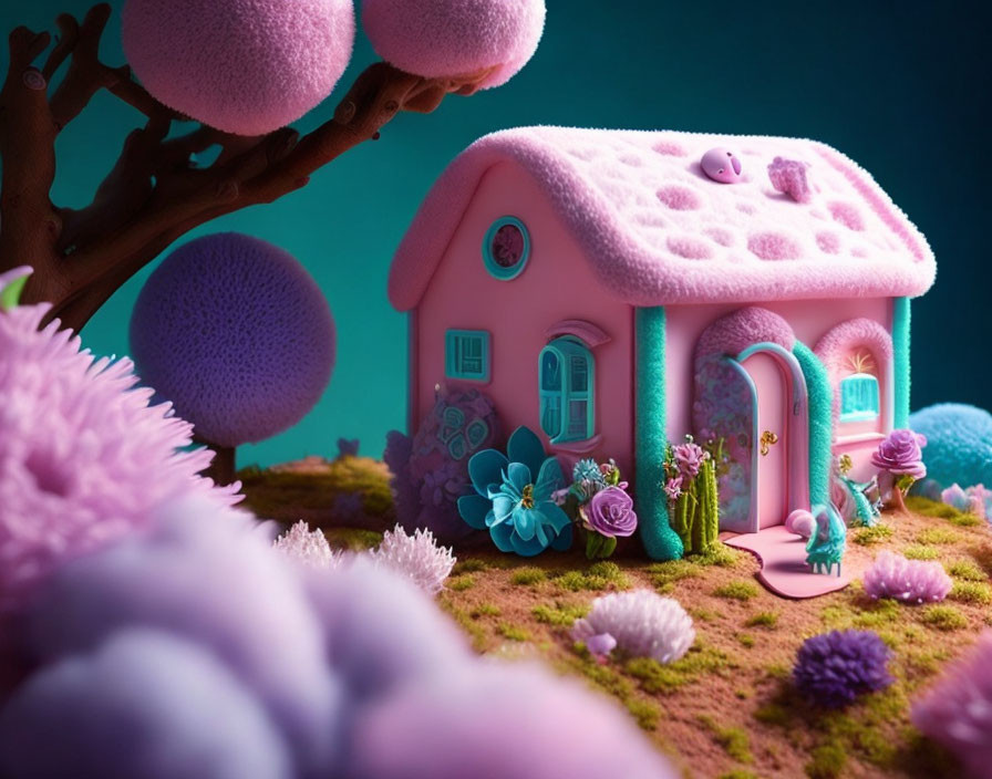 Whimsical pink fairy-tale cottage in fantasy garden