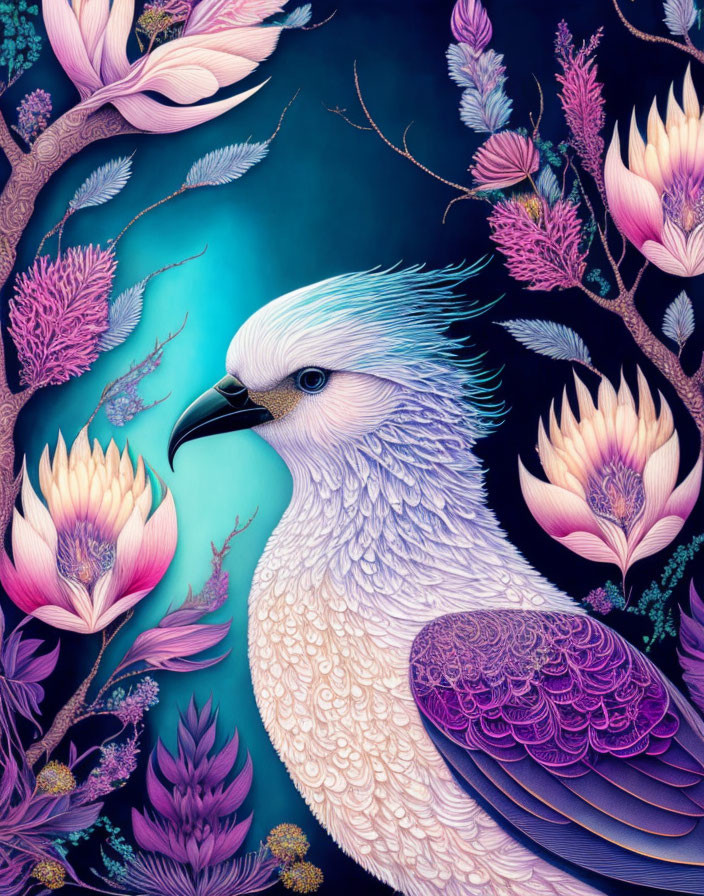 Colorful Bird Illustration with Teal, Pink, and Purple Flora